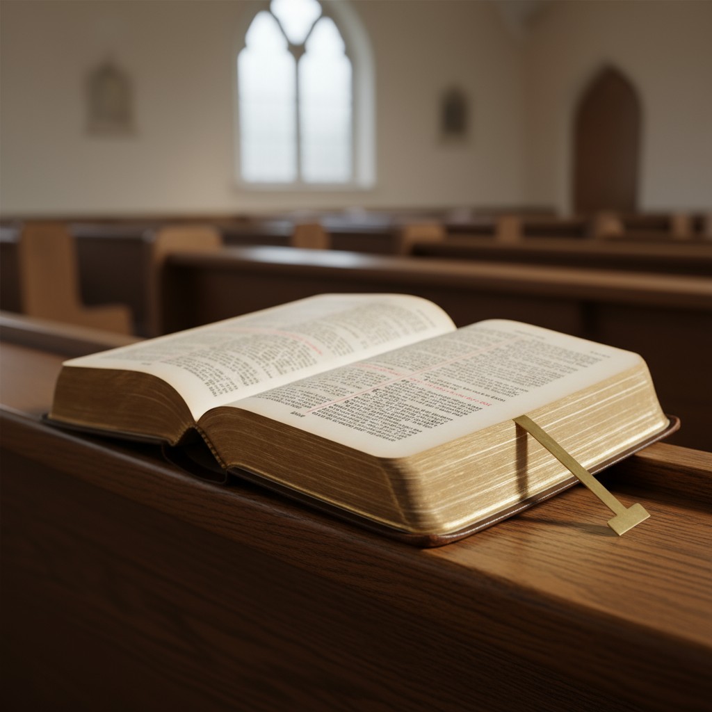 A Bible lies open in a church pew, its pages slightly ajar, with a bookmark holding its place]].