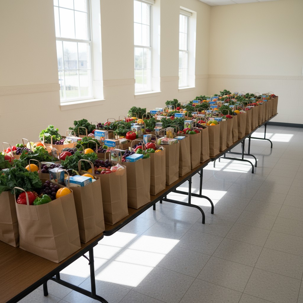 Rows of brown paper bags filled with groceries on long tables.